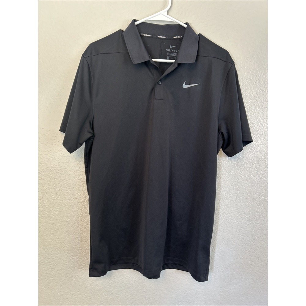 Nike Dri Fit Polo Shirt Mens Medium Black Solid Short Sleeve Golf Standard Fit